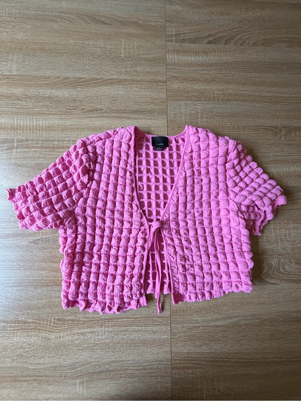 Lumiere Pink Textured Tie-Front Openwork Top
